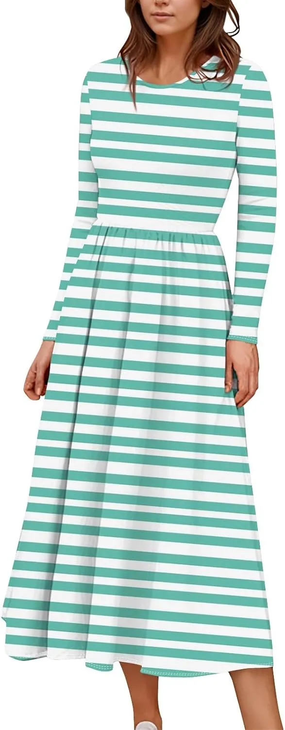 ZEFOTIM Long Sleeve Dress for Women Floral Graphic Dresses with Pockets Long Dresses Crewneck Dress Summer Spring Dress