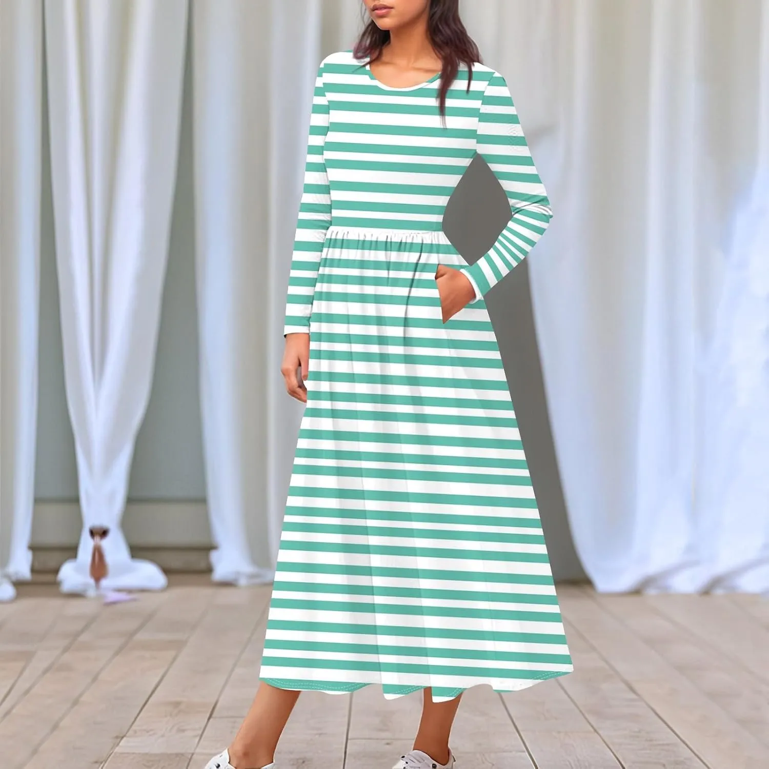 ZEFOTIM Long Sleeve Dress for Women Floral Graphic Dresses with Pockets Long Dresses Crewneck Dress Summer Spring Dress