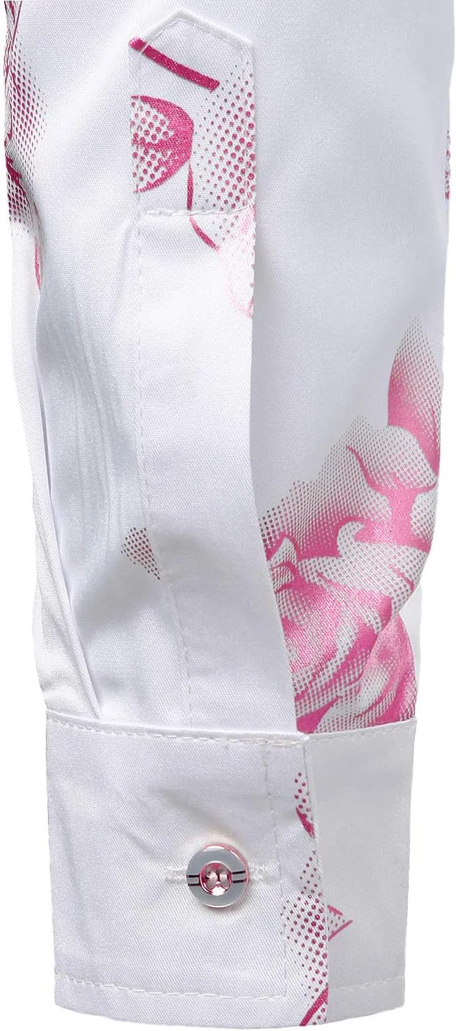 ZEROYAA Mens Hipster 3D Golden Rose Floral Printed Slim Fit Long Sleeve Button Down Dress Shirts