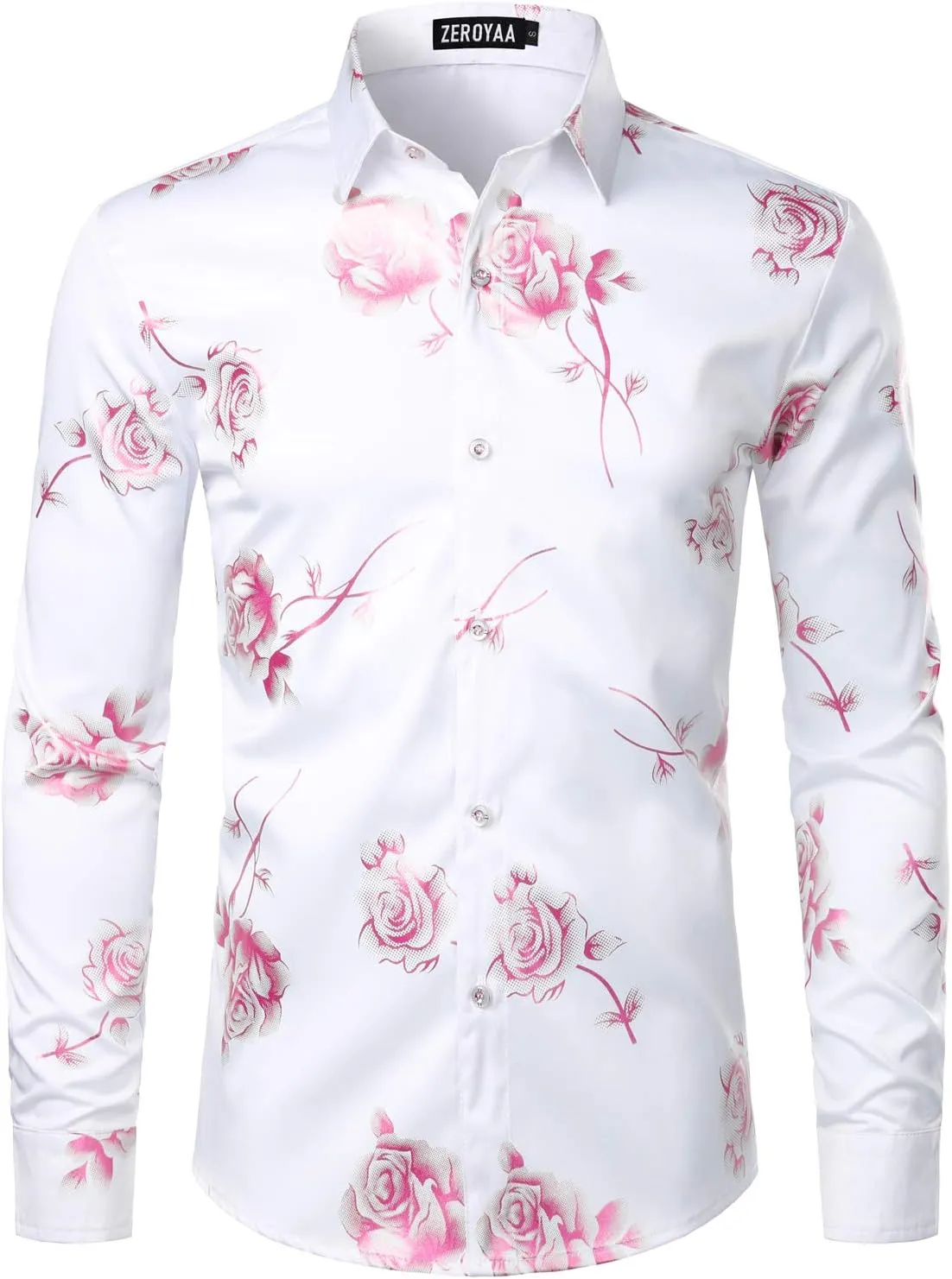 ZEROYAA Mens Hipster 3D Golden Rose Floral Printed Slim Fit Long Sleeve Button Down Dress Shirts