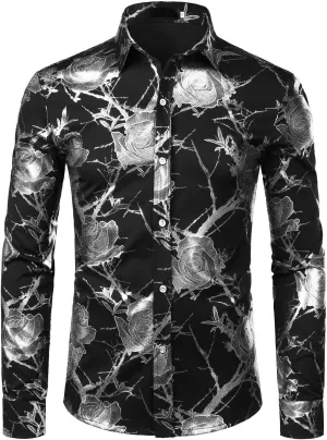 ZEROYAA Mens Hipster 3D Golden Rose Floral Printed Slim Fit Long Sleeve Button Down Dress Shirts