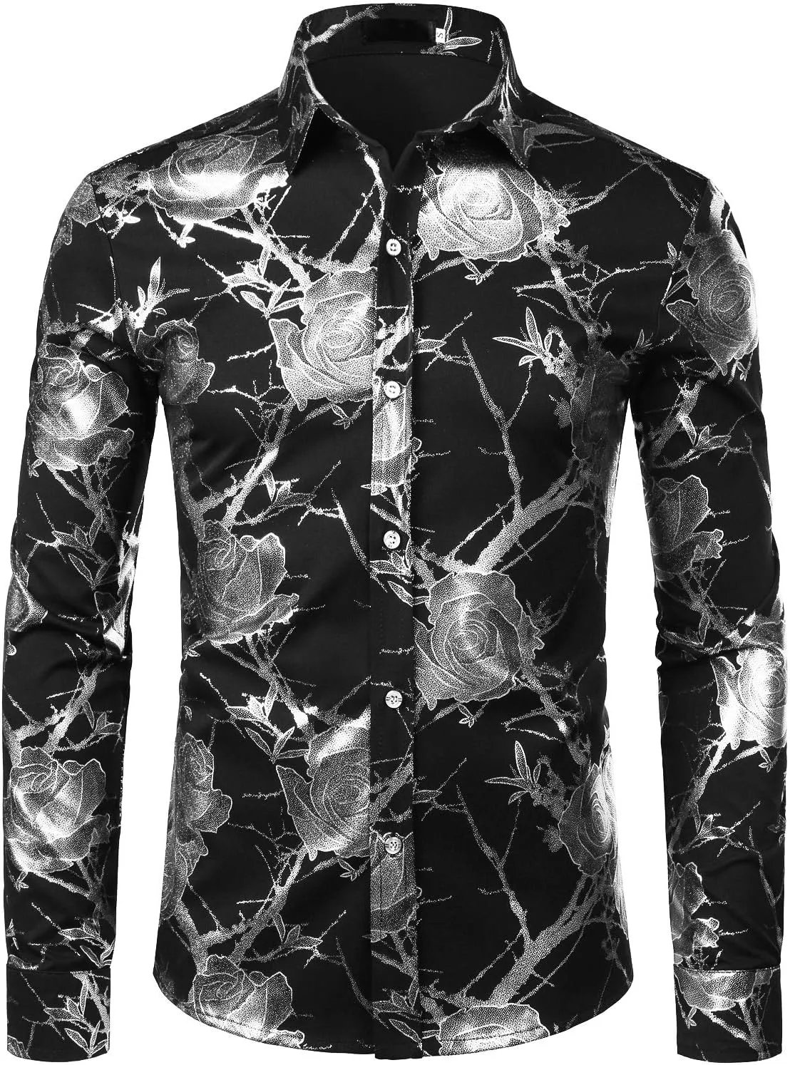 ZEROYAA Mens Hipster 3D Golden Rose Floral Printed Slim Fit Long Sleeve Button Down Dress Shirts