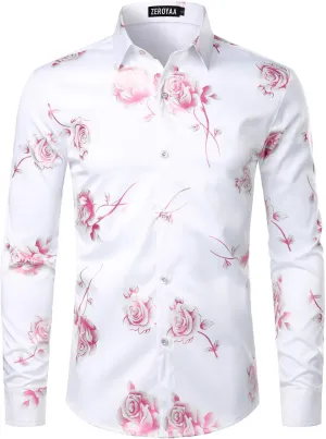 ZEROYAA Mens Hipster 3D Golden Rose Floral Printed Slim Fit Long Sleeve Button Down Dress Shirts