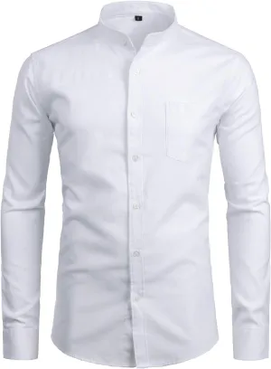 ZEROYAA Men's Hipster Mandarin Collar Long Sleeve Button Up Oxford Shirts with Chest Pocket