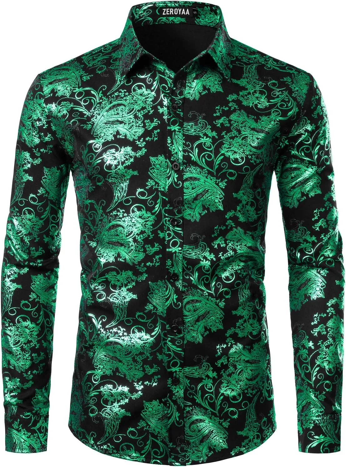 ZEROYAA Men's Luxury Paisley Dress Shirt Shiny Floral Printed Button Down Shirts for Party Prom