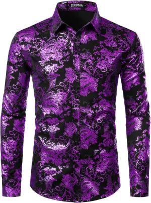 ZEROYAA Men's Luxury Paisley Dress Shirt Shiny Floral Printed Button Down Shirts for Party Prom