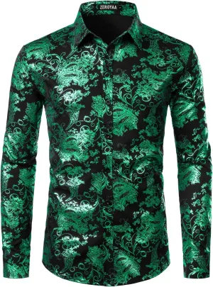 ZEROYAA Men's Luxury Paisley Dress Shirt Shiny Floral Printed Button Down Shirts for Party Prom