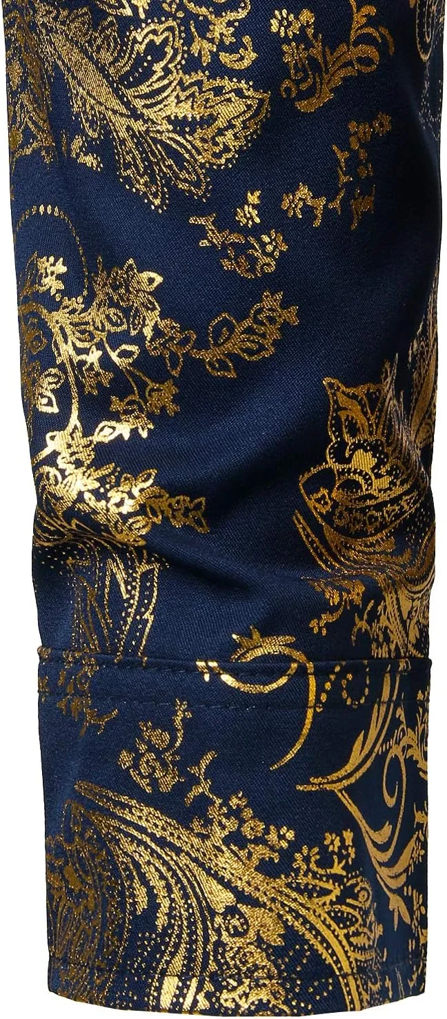 ZEROYAA Men's Luxury Paisley Dress Shirt Shiny Floral Printed Button Down Shirts for Party Prom
