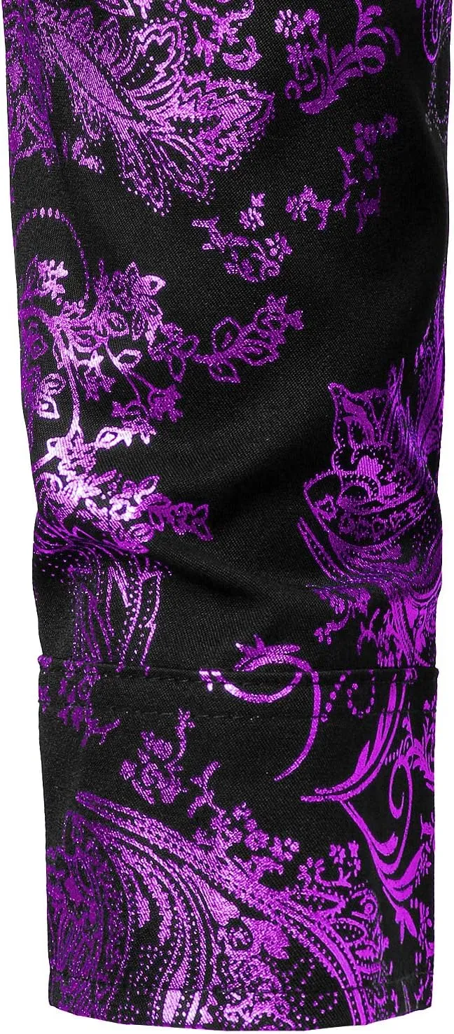 ZEROYAA Men's Luxury Paisley Dress Shirt Shiny Floral Printed Button Down Shirts for Party Prom