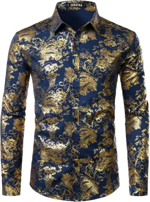 ZEROYAA Men's Luxury Paisley Dress Shirt Shiny Floral Printed Button Down Shirts for Party Prom