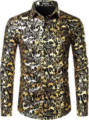 ZEROYAA Men's Luxury Paisley Dress Shirt Shiny Floral Printed Button Down Shirts for Party Prom