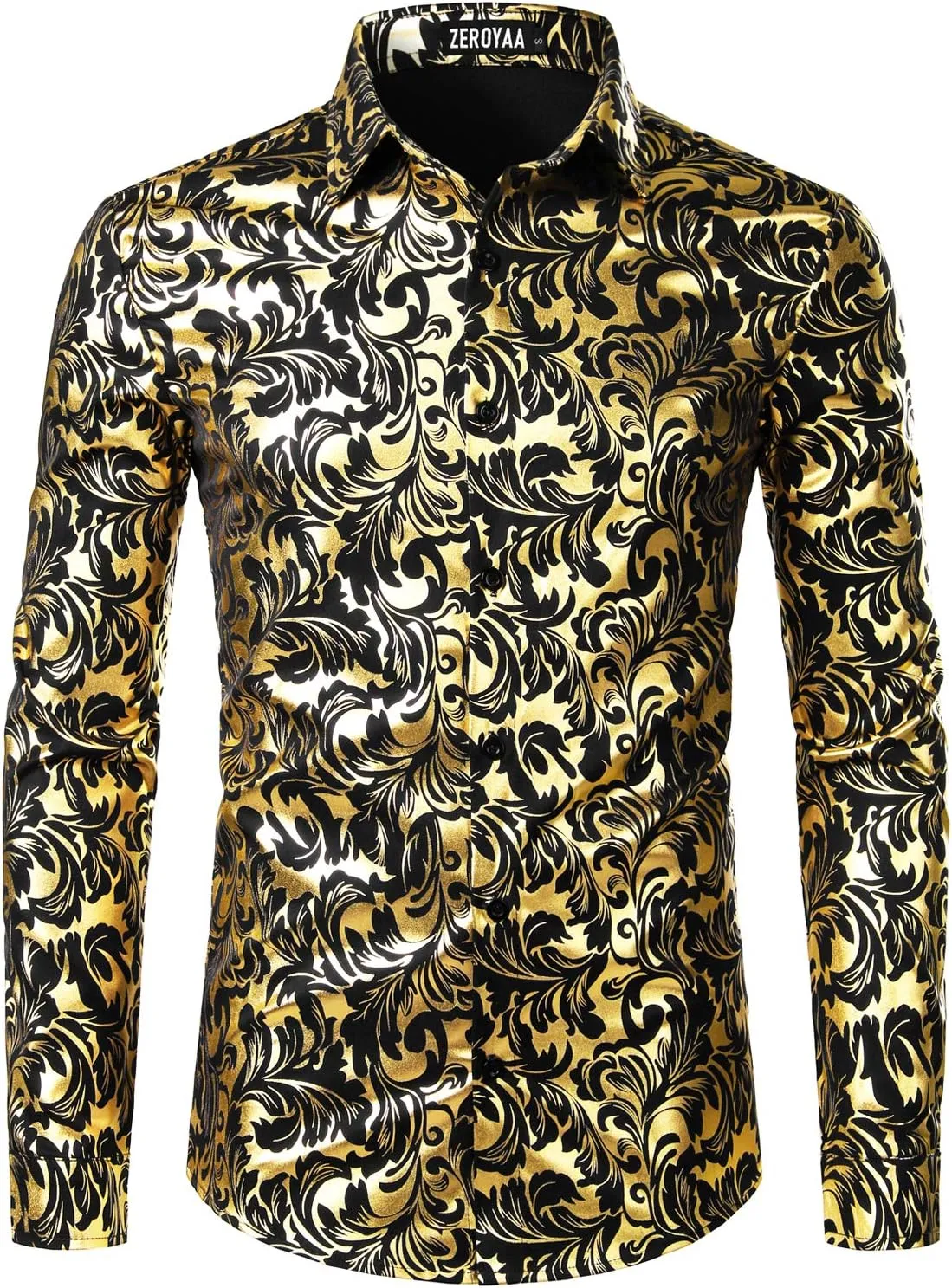 ZEROYAA Men's Luxury Paisley Dress Shirt Shiny Floral Printed Button Down Shirts for Party Prom