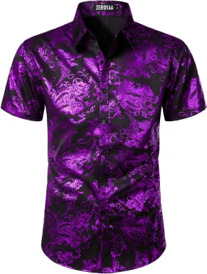 ZEROYAA Men's Luxury Paisley Shiny Printed Slim Fit Short Sleeve Button Up Dress Shirt