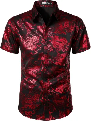 ZEROYAA Men's Luxury Paisley Shiny Printed Slim Fit Short Sleeve Button Up Dress Shirt