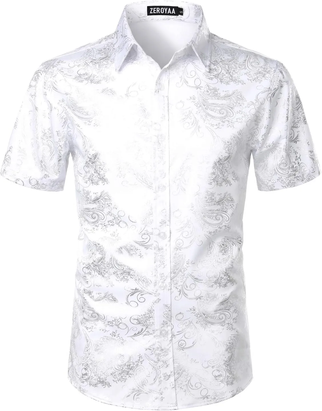 ZEROYAA Men's Luxury Paisley Shiny Printed Slim Fit Short Sleeve Button Up Dress Shirt