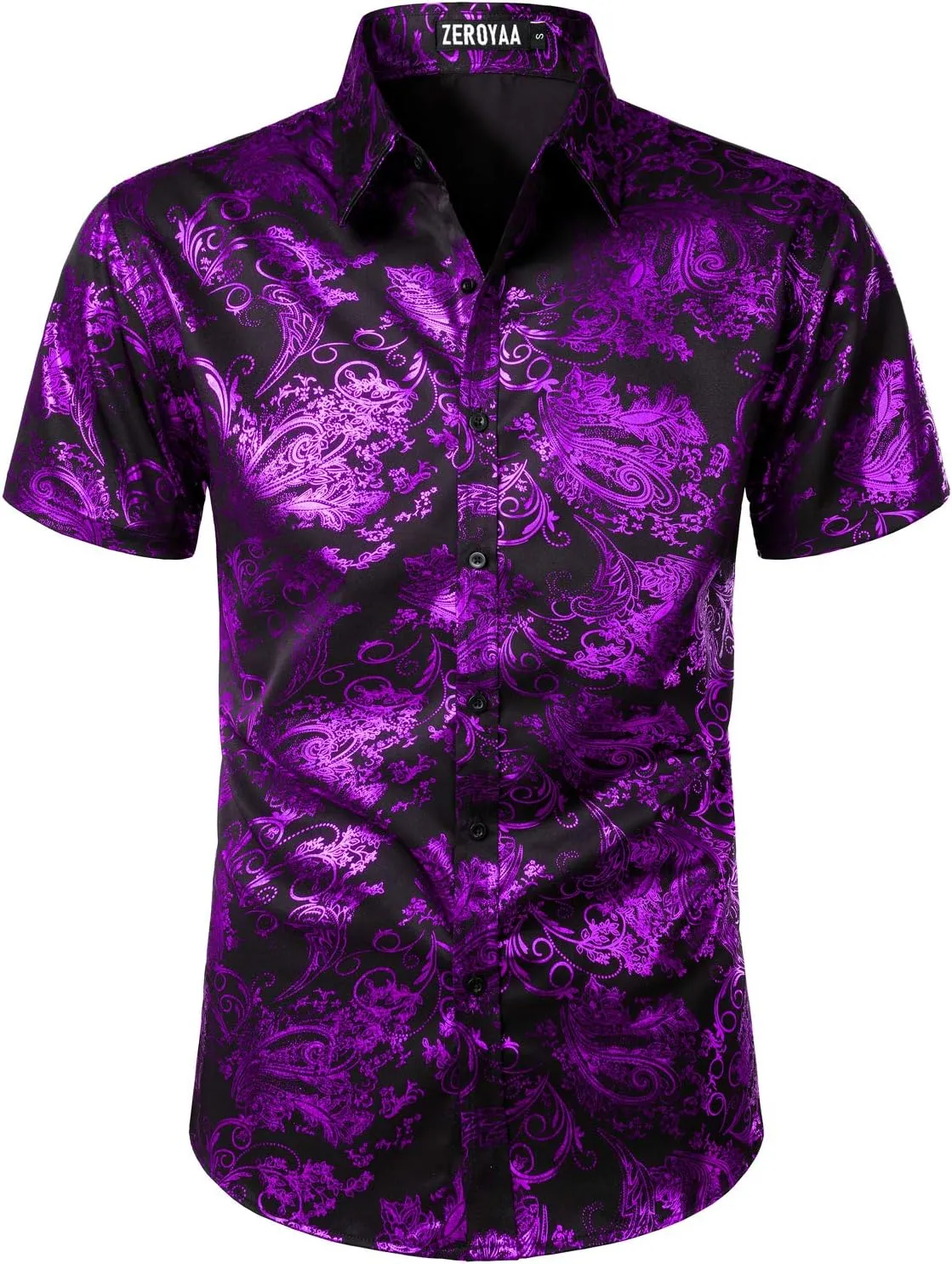 ZEROYAA Men's Luxury Paisley Shiny Printed Slim Fit Short Sleeve Button Up Dress Shirt