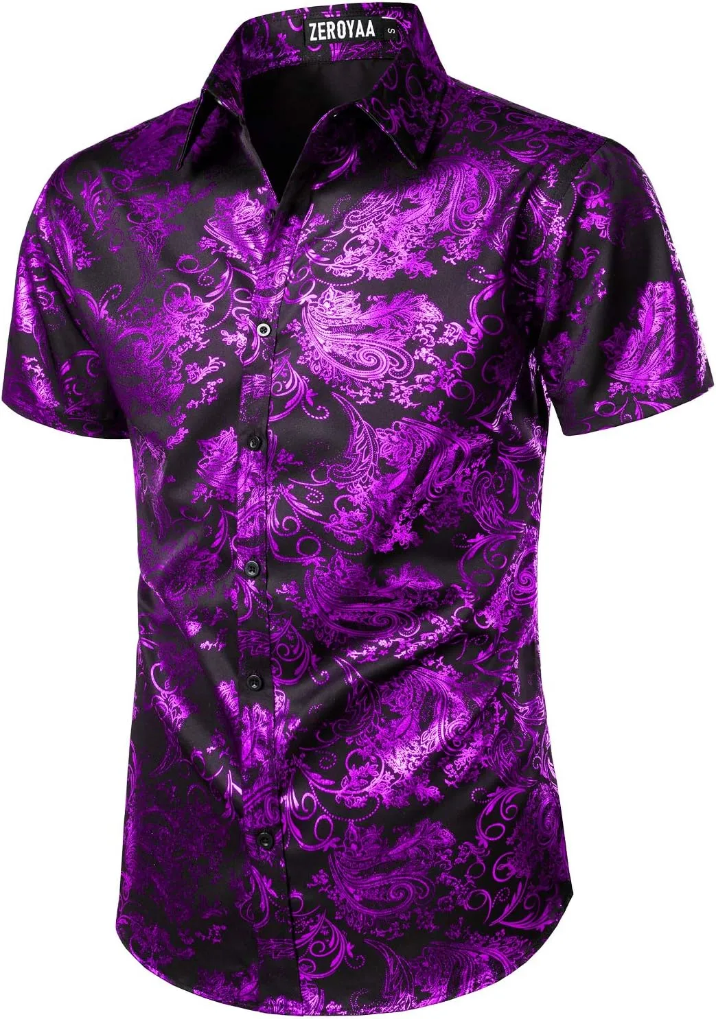 ZEROYAA Men's Luxury Paisley Shiny Printed Slim Fit Short Sleeve Button Up Dress Shirt